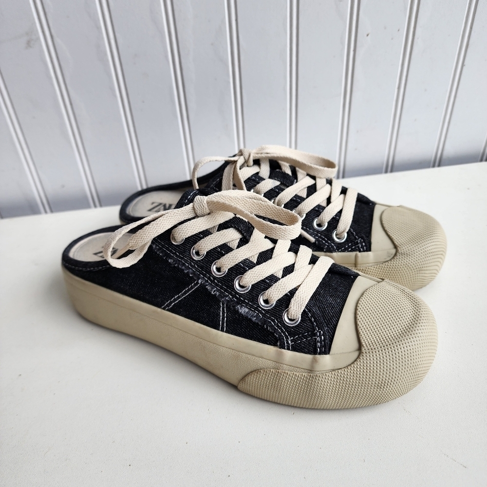 Zara Womens Black Denim Canvas Openback Sneakers  Rubber Toecap Lace Up EU 36 6